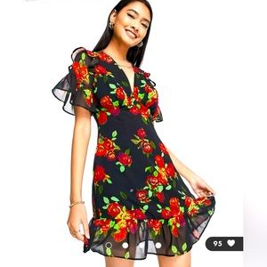 Topshop cow girl rose print mini tea dress in black